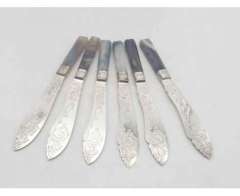 A collection of EPNS and silver including a set of six Victorian silver bladed imitation agate fruit knives, the blades with 