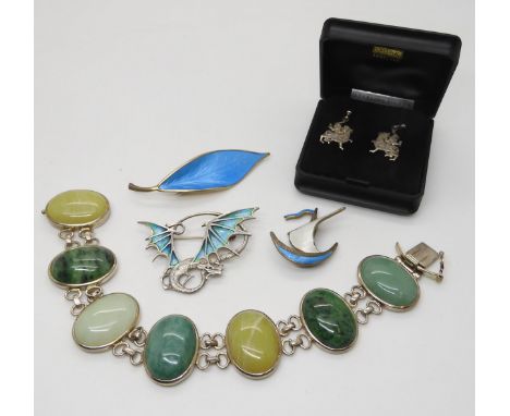 A pair of silver Ortak Maeshowe dragon earrings, a further silver and enamel dragon brooch, a David Andersen enamelled leaf b