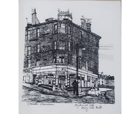 SARAH SWAIN Collection of print multiple with Glasgow views comprising Blythswood Cafe, The University, Kelvin Bridge and 2 e