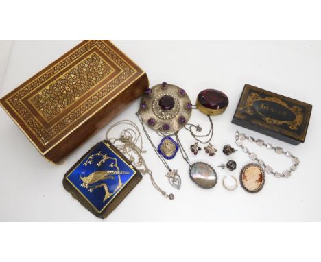 A large silver plaid brooch with Glasgow hallmarks 1953, set with purple gems, a vintage Stratton mirror compact and other it