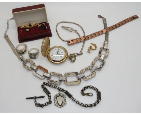 A white metal vintage fob chain, pocket watch, a pair of silver mounted cameo earrings and other items Condition Report:No co