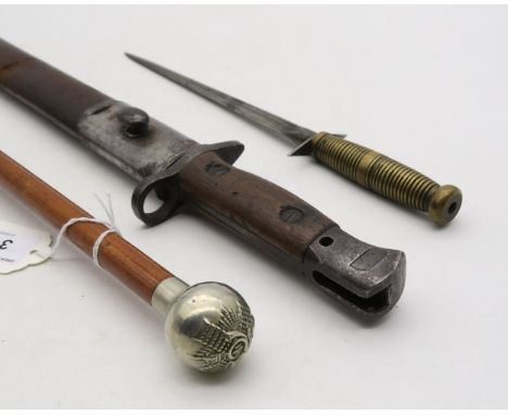 A Highland Light Infantry swagger stick, early-C20th, with Malacca shaft; a trench knife loosely modelled on a Fairbairn-Syke