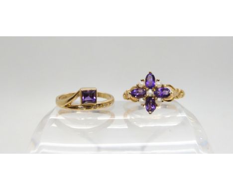 Two 9ct gold amethyst rings. Amethyst and pearl flower ring size R, amethyst and diamond ring size Q, weight together 5.2gms&