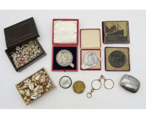 Two cased Queen Victoria commemorative medals, one by Spink and Son, London; a boxed R.M.S. Lusitania propaganda medal, lorgn