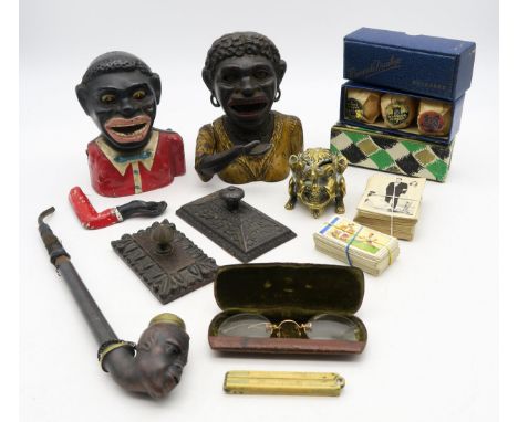 A mixed lot, comprising cased pince-nez stamped "9ct", deadstock Warwick Dunlop and Penfold golf balls, Man From Uncle tradin