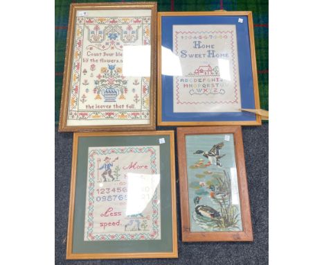 A collection of hand-worked embroidery samplers frame sizes 53x43cm, 48x42cm, and 'Count Your Blessings' 60x40cm, plus a wool
