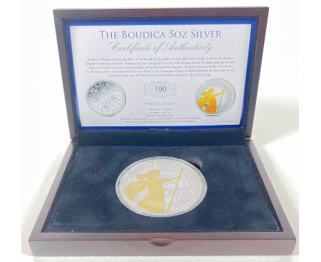A Boudicca 'Warrior Queen' 5 oz Silver 450 limited edition 155g Commemorative coin within its original presentation case with