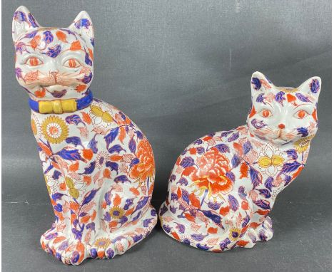 TWO  stunning ceramic Oriental handpainted ceramic glazed cats (possibly incense burners) in Imari colours with character mar