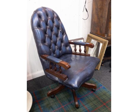 SUPER QUALITY! A BLUE DEEP BUTTON leather effect office swivel chair on castors - captains style and extremely comfortable - 