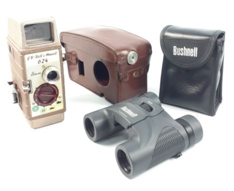 A pair of BUSHNELL 8x25 waterproof binoculars in a pouch plus a vintage G B-Bell &amp; Howell 624 8mm cine camera in leather 