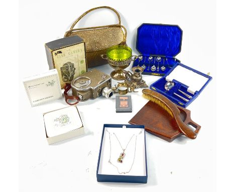 A mixed box to include a West Linton Bi-Centennial Whipman 1803-2003 medal, a GIC cine camera, a boxed baby's spoon and scoop