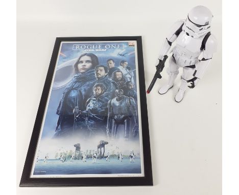 STAR WARS ROGUE ONE framed poster 52cm x 32cm and a realistic scale talking STORM TROOPER 36cm height approxApprox 2 pieces
