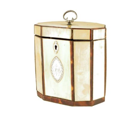 λ A George III ivory decagonal tea caddy, with a silver loop handle, escutcheon and navette shape plaque inscribed with initi