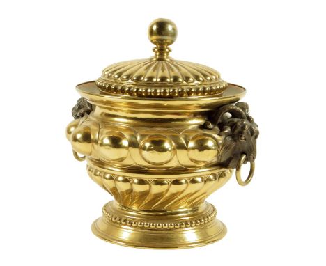 A 19th century German brass wine cooler by Herman Robert Bichweiler, in Renaissance style, the ribbed lid with a ball finial 