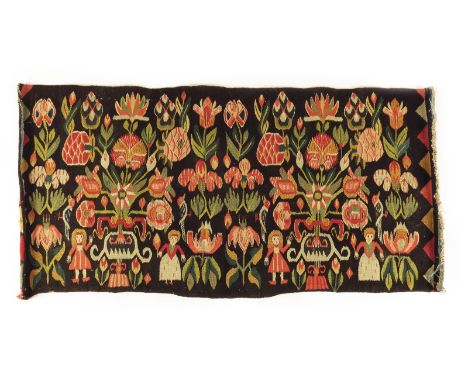 A Swedish flat weave tapestry carriage cushion cover, worked with figures, birds and flowers, with geometric ends, Scania, la