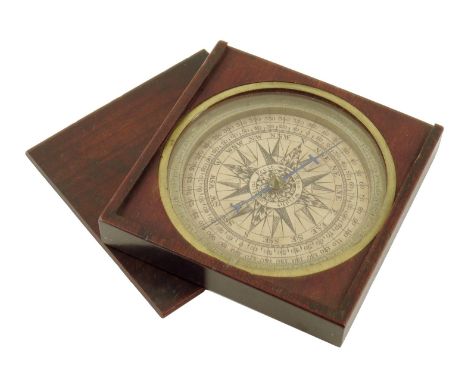 A George II mahogany cased compass by Thomas Wright, with a printed dial inscribed 'Tho Wright Londini Fecit', with blued ste