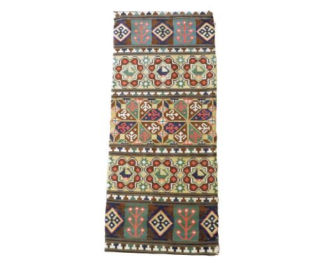 A Swedish flat weave tapestry panel, worked with geometric designs and birds, probably Scania, late 19th century, 55 x 132cm.