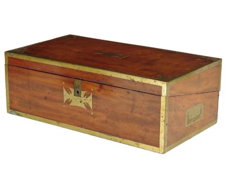 A George IV mahogany and brass mounted writing slope, the hinged lid centred with a vacant plaque, the interior with a later 