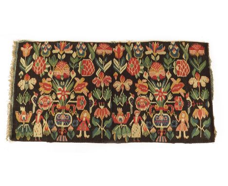 A Swedish flat weave tapestry carriage cushion cover, worked with figures, birds and vases of flowers, Scania, late 18th cent