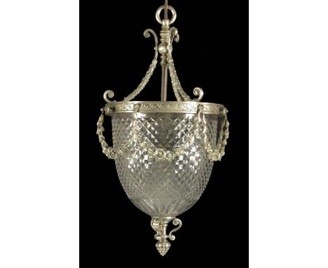 A plated brass and cut glass hall lantern in Adam style, the body hung with swags of flowers and with a bud pendant, with a s