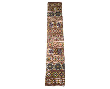 A Swedish flat weave tapestry runner, with panels of geometric designs, figures and birds, probably Scania, late 19th century