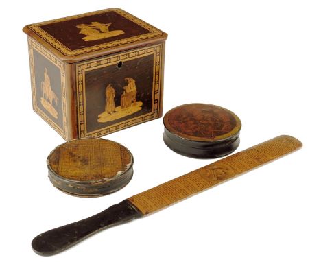 A 19th century Sorrento olivewood and marquetry tea caddy, inlaid with figures in various pursuits and with parquetry banding