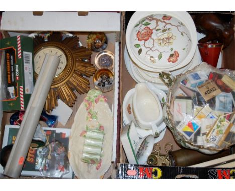 Two boxes of miscellaneous items to include Carltonware toast rack, Carltonware dish, sunburst wall clock and various glass p