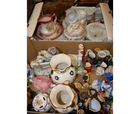 Two boxes of miscellaneous items to include Staffordshire toby jugs, pair of early 20th century continental vases, part tea s