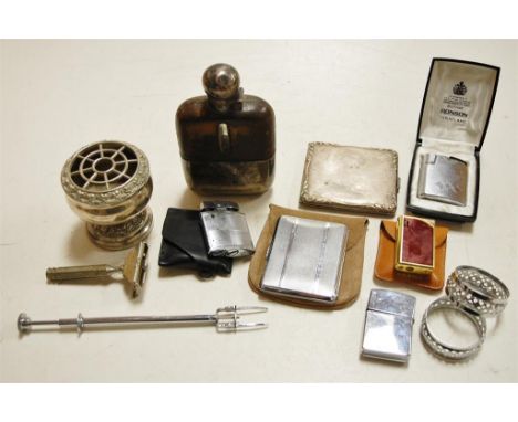 Assorted plated wares to include hip flask, flower posy, pocket cigarette case, etc