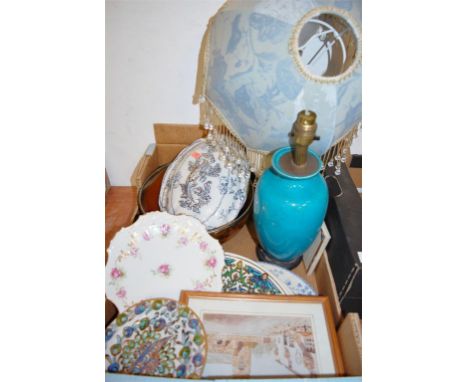 Mixed lot to include modern crackle glazed table lamp and shade, Greek pottery dishes, and prints, etc