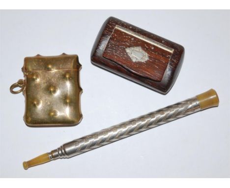 A brass vesta, treen snuff-box etc 