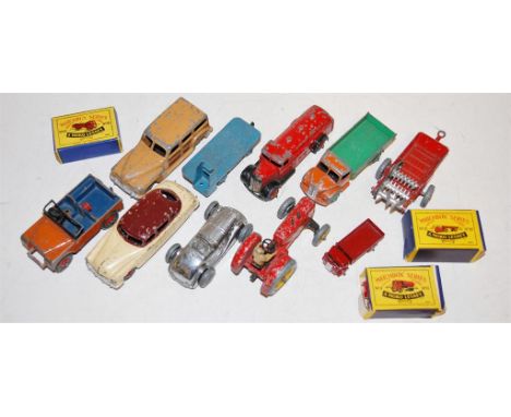 A small collection of boxed and loose diecast toy vehicles to include Dinky Massey Harris tractor, and Hudson sedan, etc