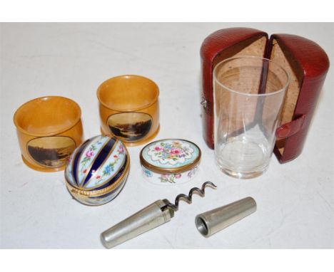 A small collection of miscellaneous items to include a pair of early 20th century mauchline ware napkin rings, Limoges trinke