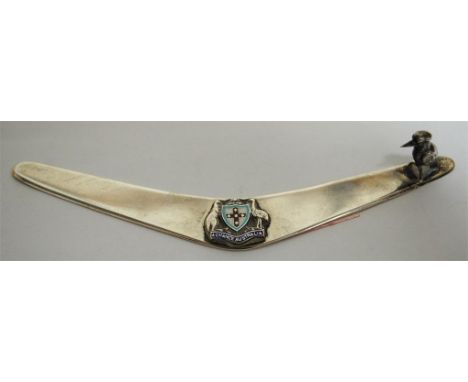 An Australian silver miniature boomerang with enamel set plaque 'Advance Australia' and surmounted with a kookaburra  Conditi