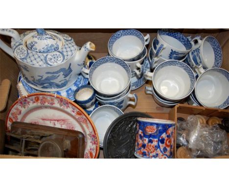 Mixed lot to include pair of Post Office scales and weights, Masons Old Chelsea pattern part tea service etc