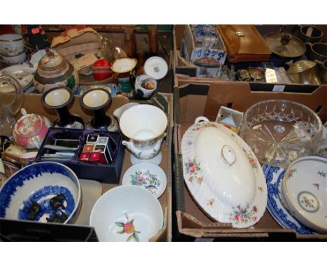 Four boxes of miscellaneous items to include a pair of modern blue & white vases, Spode bowl, Doulton Dick Turpin character j