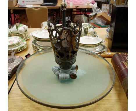 A French Art Deco bronze and frosted glass plafonnier, the hanging light fitting enclosed by pierced nude standing archers, w