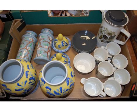 Mixed lot to include Johnson Brothers part tea service, pair of modern yellow glazed Chinese vases and covers, etc