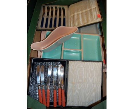 Mixed lot to include two Poole pottery hors d'oeuvres dishes, cased plated cutlery etc