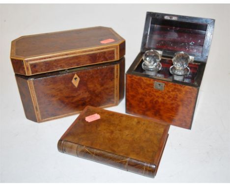An early 19th century burr yew, box wood strung and rosewood cross banded tea caddy of canted rectangular form, together with