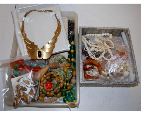 Two boxes of assorted costume to include bone, faux amber, etc