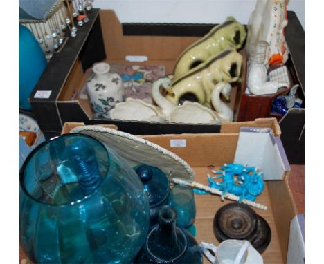 Two boxes of mixed effects to include a large Staffordshire flatback figure, pair of ceramic pug dogs and assorted glassware 
