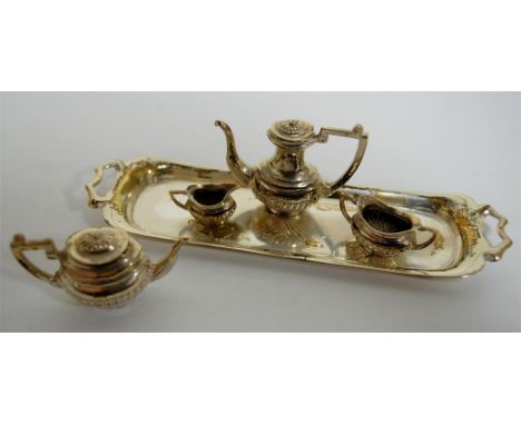 A Regency style silver dolls four piece tea and coffee service on twin handled gallery tray 