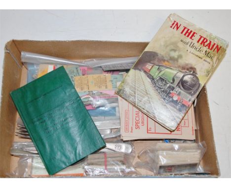 Mixed lot of railway interest to include ticket stubs, cutlery, and cigarette cards