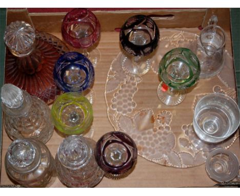 Mixed lot of glassware to include cut glass ships decanter, etched  glass goblet, and a set of six pedestal wine glases