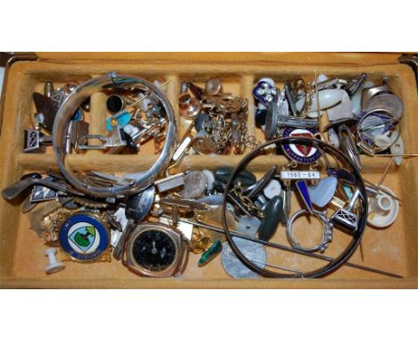 Mixed lot to include silver bangle, enamelled badges, various cufflinks etc
