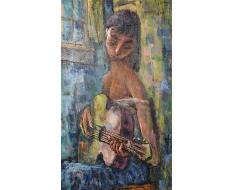 Modern School, circa 1970, a portrait of a female figure playing a violin, oil on canvas, indistinctly signed, New York stret