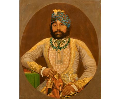 Indian School, Circa 1900, a portrait of Jaswant Singh II, Maharajah of Jodhpur (1873-1895), oil on canvas possibly over a ph