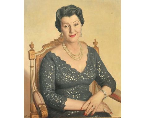 Michael Gilbery (1913-2000) British, a portrait of Mrs L. Gordon, a seated lady wearing a pearl necklace, oil on canvas, sign