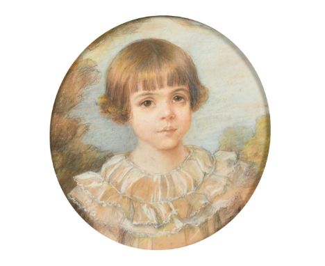 Continental School circa 1900, A circular portrait of a young girl with short brown hair, watercolour and pencil, indistinctl